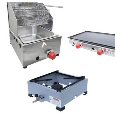 Imagem de Kit Lanchonete Fogão Portátil 1 Boca + Chapa 90cm e Fritadeira Profiss
