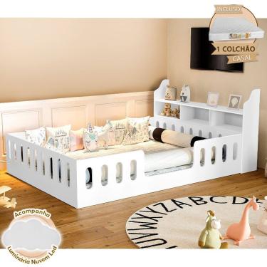 Imagem de Cama Casal Design Montessoriana Helo com Nicho + Kit D28 Branca Divaloto + Luminária