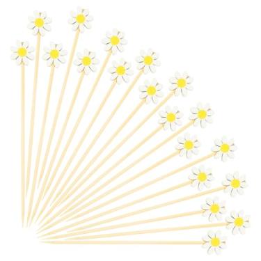 Imagem de 100 peças de palitos de coquetel de margarida 12 cm, palitos de dente extravagantes para aperitivos, palitos florais de bambu, espetos de frutas para aperitivos, comida, sanduíches, bebidas, decoração