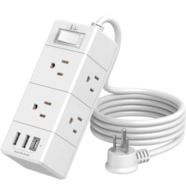 Imagem de Cabo de extensão de 1,8 m - Extensor de tomada Tcstei de 3 lados com 6 tomadas CA e 3 portas USB (1 USB C), protetor contra surtos, compacto para casa, escritório, itens essenciais para dormitório,