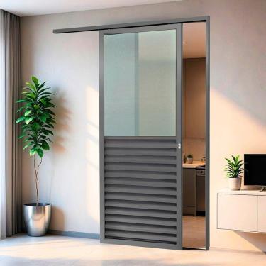 Imagem de Porta de Correr Suspensa 210x90cm Meia Veneziana Meia Vidro Dir L.25 Cinza