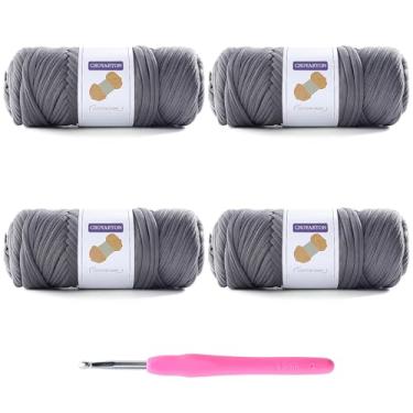Imagem de Pacote com 4 fios de camisetas para crochê, camisetas elásticas, fios de tricô espaguete, comprimento total, 260 metros para sacos de crochê, decoração de casa, com 1 agulha de crochê (4 - cinza