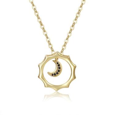 Imagem de CHAKRA HEALING REIKI CHR Colar feminino com pingente de sol e lua em ouro 18K com pingente de sol crescente radiante zircão joia para casal, colar de clavícula, Cobre, Zircônia cúbica