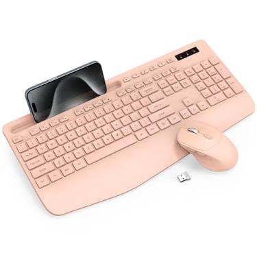 Imagem de Trueque Combo de teclado e mouse sem fio – teclado ergonômico de tamanho completo com descanso de pulso, suporte de telefone, modo de suspensão, teclado silencioso de 2,4 GHz sem fio, conjunto de
