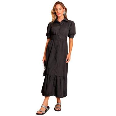 Imagem de Vestido feminino manga curta midi com cinto e saia evase em crepe eleg