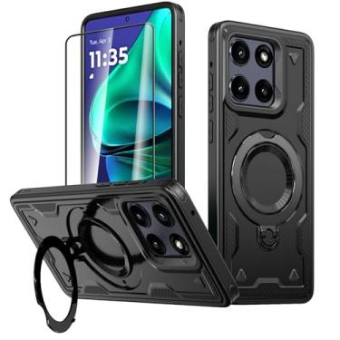 Imagem de Capa para Motorola Moto G Stylus 5G (2025) com protetor de tela, [compatível com MagSafe] [grau militar] suporte de anel macio TPU PC contra quedas à prova de choque proteção robusta telefone preto