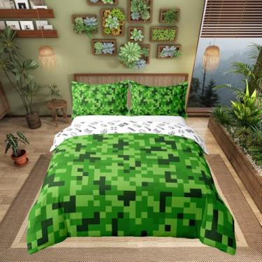 Imagem de Jogo de cama de 3 peças, capa de edredom com tema pixelado verde gamer 100% algodão natural, capa de edredom Queen de videogame, 3 peças, edredom não incluído