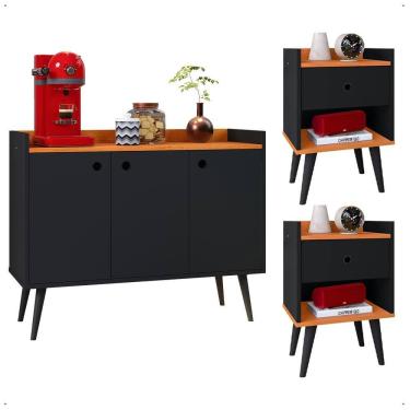 Imagem de Kit 2 Mesas Cabeceira Decore Mesinha Gaveta Nicho Aparador Buffet Wood New Preto/Cinamomo Retrô Pés Palito - Lojas RPM