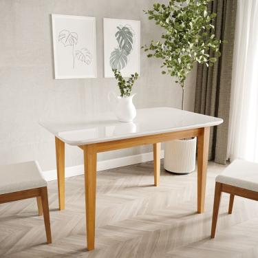 Imagem de Mesa De Jantar 4 Lugares 1,30m Tampo Mdf E Vidro Pés Madeira Maciça Tangará Cabecasa Madeiramadeira Caramelo/off