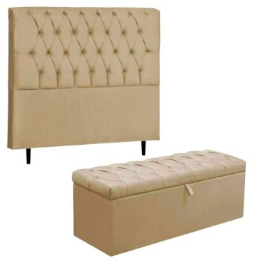 Imagem de Kit Cabeceira E Calçadeira Baú Queen 160 Cm Paris Suede Bege