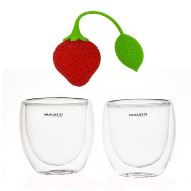 Imagem de Jogo Chá 2 Copos Parede Dupla 250ml E Infusor Ervas Morango
