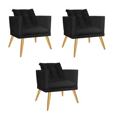 Imagem de Kit 03 Poltrona Cadeira Kim Luxo Confort Com Almofada Solta Pé Rústico Suede Preto