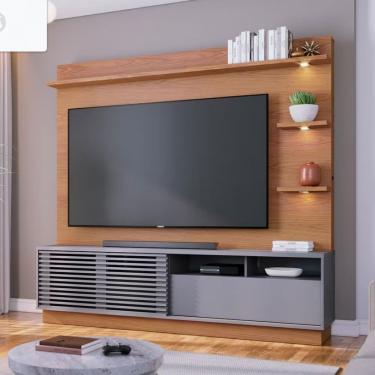 Imagem de Estante Home Colibri Campeche Com Porta Deslizante Spots De Led 200 Cm De Largura Ideal Para Tv De Até 70 Polegadas Freijó/cinza Fosco