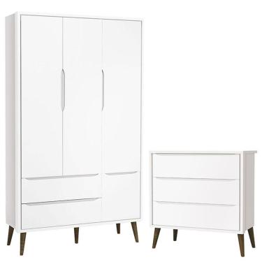 Imagem de Cômoda Infantil Gaveteiro E Guarda Roupa 3 Portas Theo Branco Acetinado Com Pés Amadeirado - Reller