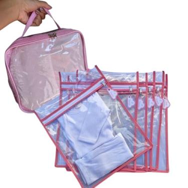 Imagem de Kit 6 Saquinhos Bebe Organizador Mala Maternidade TAG + 1 Nécessaire Porta Fraldas Remédio Higiene. (Rosa)