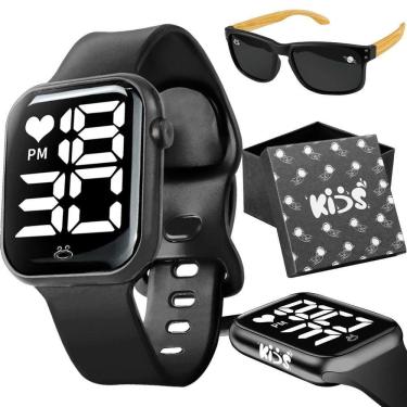 Imagem de Relogio Digital Infantil + Oculos Proteção Sol Uv Haste Madeira Pulseira Ajustavel Preto Menino