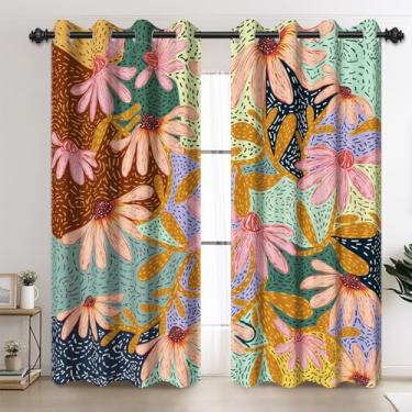 Imagem de AOFOTO Cortinas de janela florais, flores de margarida, boho, painéis decorativos de meados do século, cortinas de escurecimento de quarto com isolamento térmico, cortinas blackout para sala de estar