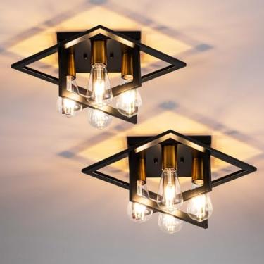 Imagem de fengkeDU Luminária De Teto Estilo Fazenda, 2 Peças, 4 Luzes, Preta, Dourada, Industrial, Embutida, Para Corredor, Iluminação Cozinha, Sala Estar, Quarto, Hall Entrada, E26