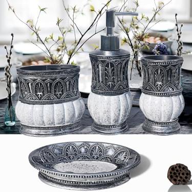 Imagem de LUANT Conjunto De Acessórios Para Banheiro Pumkins, Estilo Retrô, Incluindo 1 Xícara, Porta-Escovas Dente, Saboneteira E Dispensador, Decoração Bancada, Organizador Penteadeira, Presente Novo, Cinza