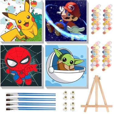 Imagem de KOJEFCV Pacote com 4 tintas de desenho animado por números para crianças com tela emoldurada - com cavalete de madeira, pintura por número para crianças de 4 a 8 a 12 anos, kits de pintura a óleo