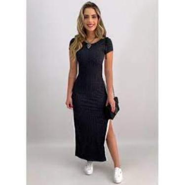 Imagem de Vestido feminino longo manga curta gola rasa listras na lateral malha 