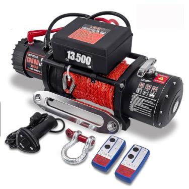Imagem de XYCLE Guincho elétrico de 12 V com corda sintética e controle remoto sem fio IP67 à prova d'água para caminhão Jeep ATV UTV, kit de guincho resistente com cabo Hawse Fairlead (corda sintética vermelha
