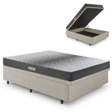 Imagem de Cama Baú Casal 138x188 Courino Linho Areia com Dual Firm Espuma Ecoflex