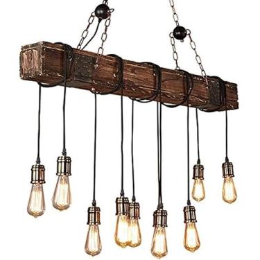 Imagem de Lustre Vintage Estilo Fazenda Escuro Angustiado Viga De Madeira Grande Ilha Linear Lustre 10 Luzes Lustre Iluminação Teto Iluminação Restaurante