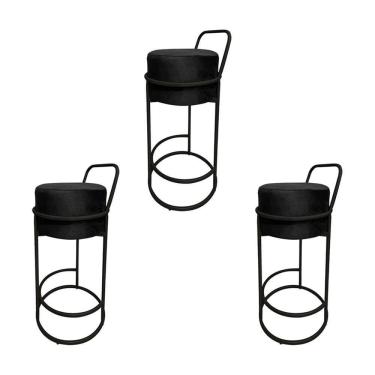 Imagem de Kit 3 Banquetas Alta Redonda Base Preta Veludo Preto