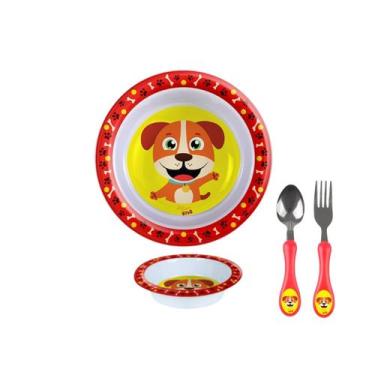 Imagem de Kit Prato Raso Fundo + Talher Inox Infantil Personagem - Arts, Cachorr