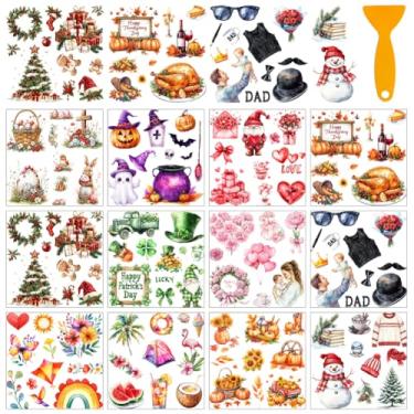 Imagem de AHANDMAKER 12 folhas de adesivos de transferência para todos os feriados com raspador, adesivos de Natal e Halloween para livraria, sala de estudo, creche, decoração de janela, 14 x 14 cm