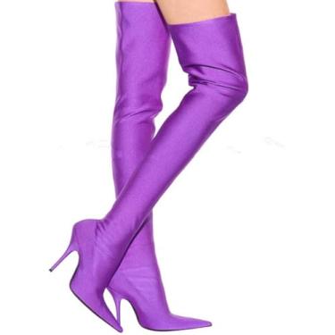 Imagem de Botas De Cano Alto Femininas, Sexy Pontiagudo Banquete Magro Salto Alto Moda Cetim Sobre O Joelho Bota Baile De Máscaras Festa Outono Inverno, Purple, 37 EU