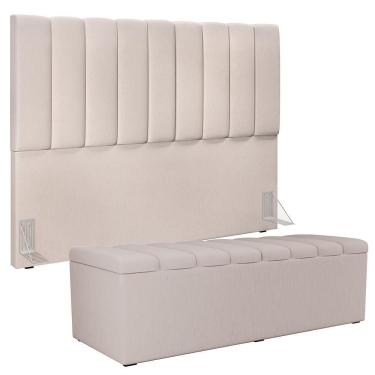 Imagem de Kit Cabeceira Cama Box Casal King 195cm Com Calçadeira Baú Dália W01 Linho Cru - Lyam