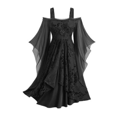 Imagem de Vestido midi gótico rossegal plus size medieval vintage rosa flocagem com glitter floral ombro vazado chiffon manga flare vestidos góticos grunge (preto_1/3X)