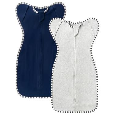Imagem de QUENESS Swaddle Transition, pacote com 2 sacos de dormir 100% algodão, zíper bidirecional para bebês recém-nascidos meninos meninas (cinza claro + azul estate, G (6 a 9 meses))