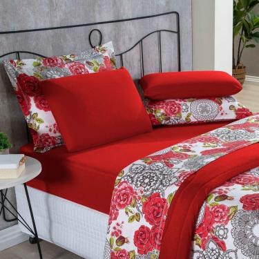 Imagem de Kit Edredom Malha 100% Algodão Primavera 3 Peças Casal Floral Vermelho
