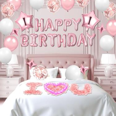 Imagem de Pink Happy Birthday Balloons Decorations Pink White Birthday Balloon Letters Banner with 6 Pcs Star Balloons Artificial Rose Petal 24 Flameless LED Candles for Room Hotel Party Decorations Supplies