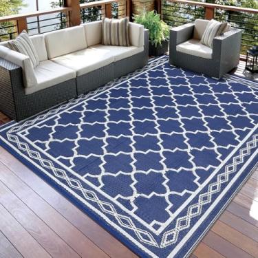 Imagem de GarveeLife Tapete impermeável ao ar livre para pátio, 12 x 20 cm, tapete de treliça de palha de plástico reversível, estrutura geométrica moderna para quintal, deck, praia, trailer, acampamento, azul