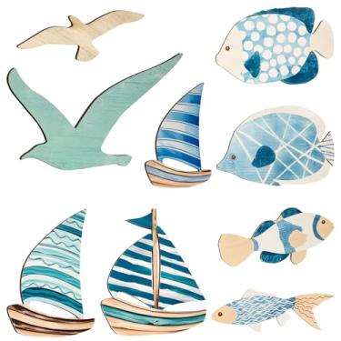 Imagem de Xisakaca 9 peças de decoração de parede de veleiro de madeira, gaivota, praia, tema costeiro, arte oceânica, decoração de parede, ornamentos de peixe vintage para casa, lago casa, banheiro, quarto