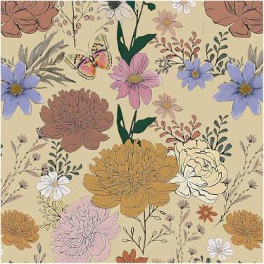 Imagem de Papel de parede floral vintage 44 cm x 998 cm papel de parede peônia cáqui removível autoadesivo papel de parede grande flor contato papel de parede para quarto boho para armários e gaveta decoração