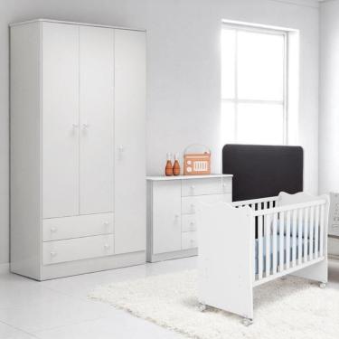 Imagem de Conjunto Infantil Aurora Branco: Berço Aurora + Kit Rodízios + Cômoda Aurora + Guarda-roupa Aurora