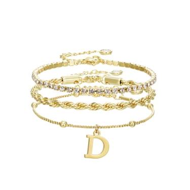 Imagem de Pulseiras de ouro para mulheres – Conjunto de joias de pilha de pulseiras de ouro delicadas com iniciais personalizadas, linda caixa de corda, corrente de corrente, pulseiras de tênis, presentes para