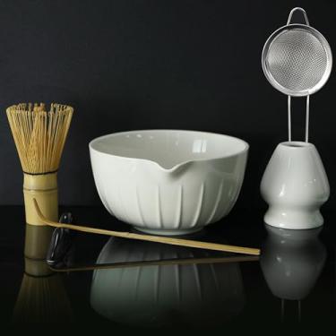 Imagem de Conjunto de 7 peças de batedor matcha – kit matcha de cerâmica com tigela, batedor, suporte, colher de bambu, descanso, peneira e toalha de chá – elegante conjunto de presente Matcha para mulheres