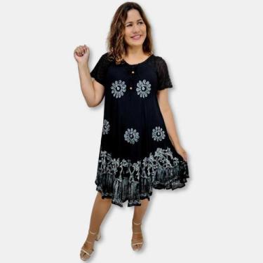 Imagem de Vestido Trapézio Manga Curta Batik Bordado Plus Size cordão - Sarat Mo