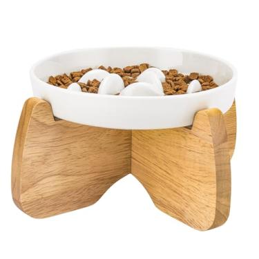 Imagem de GUWINA Tigela elevada para gatos com alimentador lento com suporte, tigela de cerâmica elevada rasa e lenta para gatos para alimentos secos/molhados, alimentador de quebra-cabeça para animais de