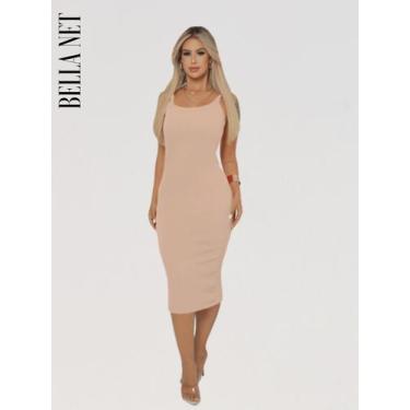 Imagem de Vestido Midi Tubinho Colado com Alças Finas sem Bojo Elegante Moda Gri