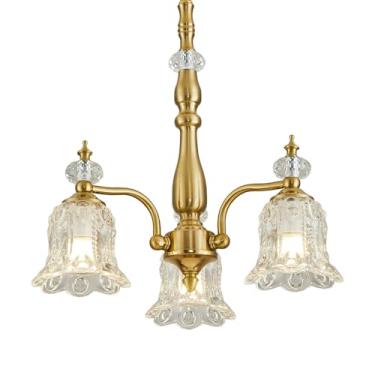 Imagem de TELAFLY Lustre dourado de 3 luzes, lustres rústicos elegantes vintage luminária pendente de vidro para sala de jantar cozinha sala de estar quarto