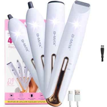 Imagem de Depilador Feminino Recarregável 4 em Rosto Sobrancelha Axilas Nariz Multifuncional com Luz LED USB Tipo C Silencioso Portátil