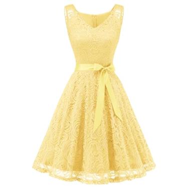 Imagem de Dressystar Vestido de festa de dama de honra de renda floral feminino curto gola V, A - amarelo, PP