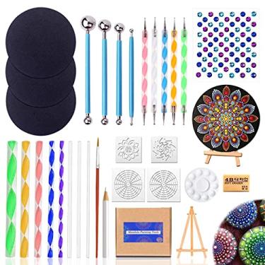 Imagem de Conjunto de 31 ferramentas de pontilhamento mandala – kits de ferramentas de suprimentos profissionais, inclui mini cavalete, bandeja de tinta para pintar pedras, colorir, desenhar e desenhar com 3